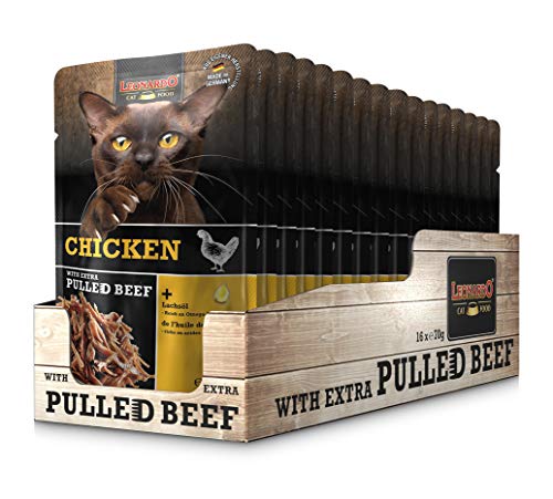 Leonardo Frischebeutel [16x70g Chicken mit Fleischstreifen] Pulled Beef | Getreidefreies Nassfutter für Katzen | Alleinfuttermittel Katzenfutter von Leonardo