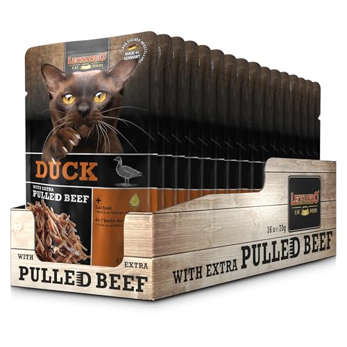 Leonardo Frischebeutel [16x70g Duck mit Fleischstreifen] Pulled Beef | Getreidefreies Nassfutter für Katzen | Alleinfuttermittel Katzenfutter von Leonardo