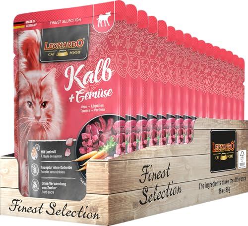 Leonardo Frischebeutel [16x85g Kalb + Gemüse] | Getreidefreies Nassfutter für Katzen | Feuchtfutter Alleinfutter im Einzelportionsbeutel von Leonardo