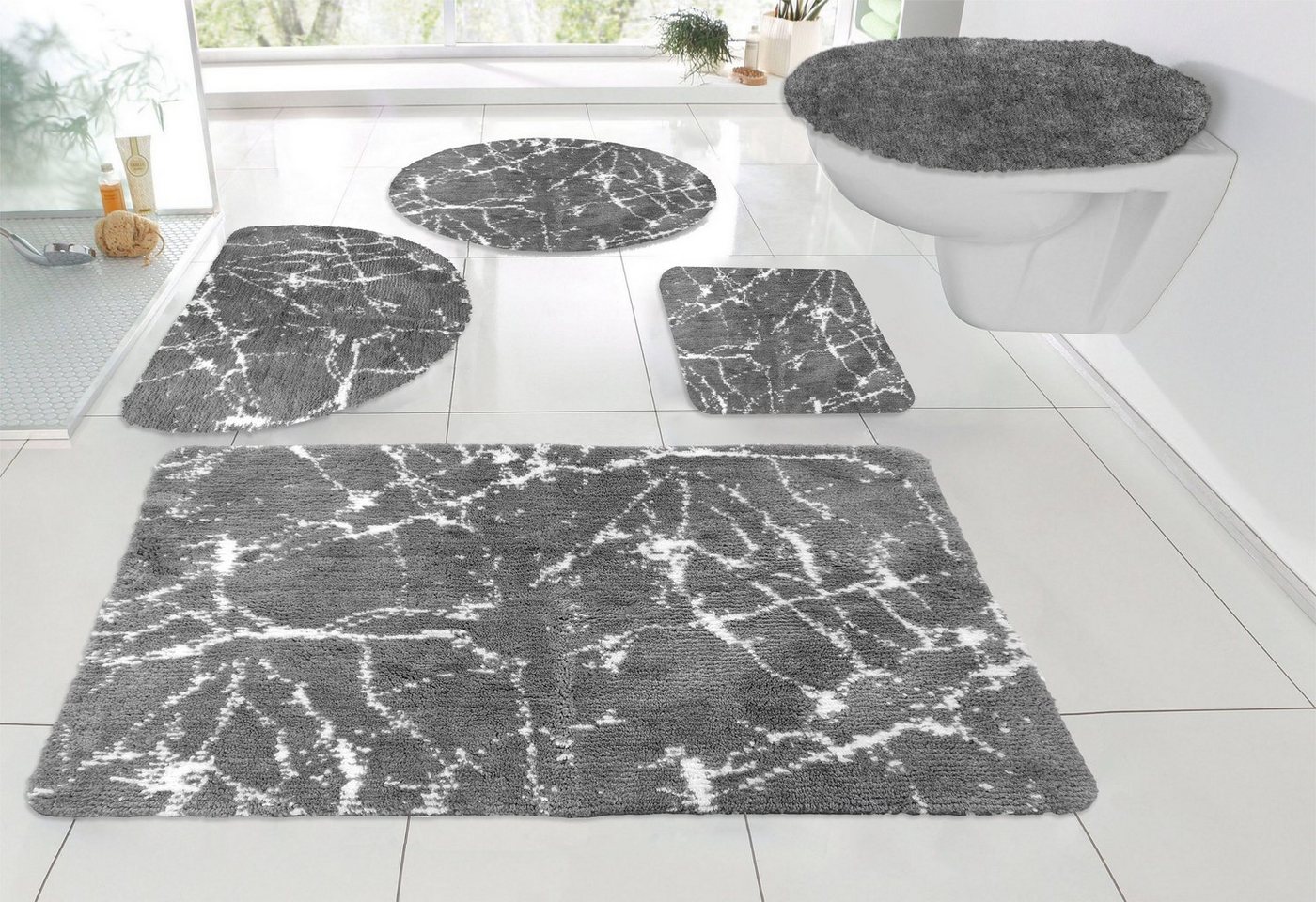 Badematte Marble Leonique, Höhe 15 mm, rutschhemmend beschichtet, fußbodenheizungsgeeignet, schnell trocknend, strapazierfähig, Polyester, rechteckig, 3-tlg. Hänge-WC Set, Badteppich, Marmor-Design, auch als 3-teiliges Badematten Set von Leonique