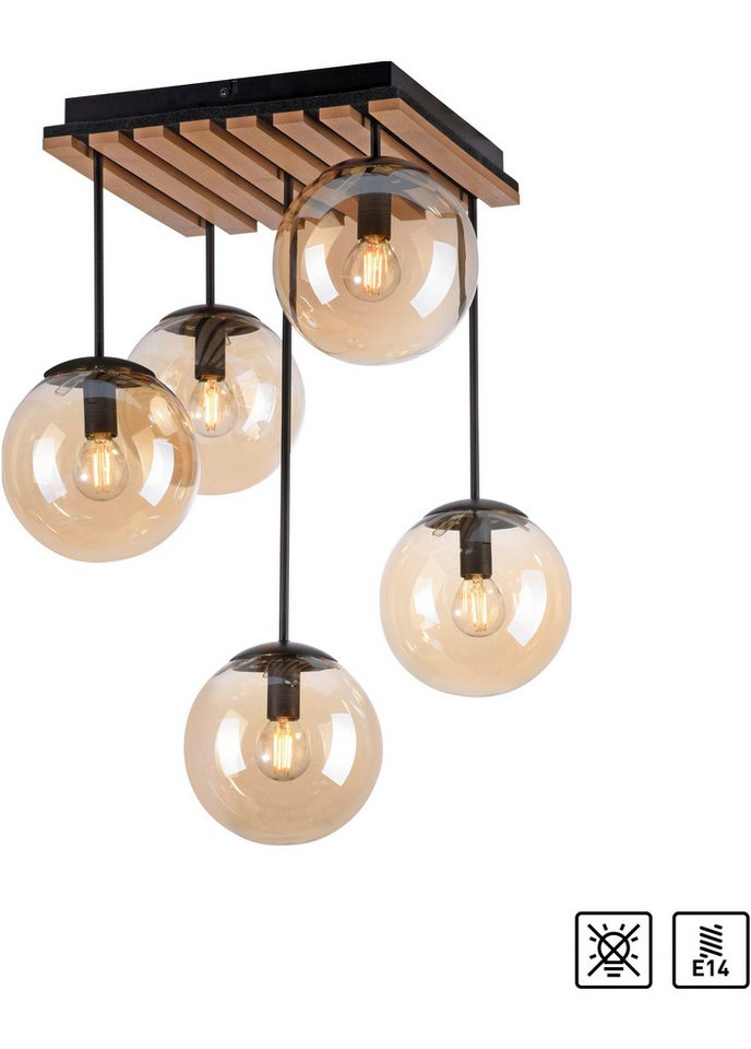 my home Deckenleuchte Erinette Akustikpaneele mit Glaskugeln, Leuchtmittel wechselbar, ohne Leuchtmittel, Warmweiß, Holz, Akustik, Paneele, Glas, Deckenlampe E14 von my home