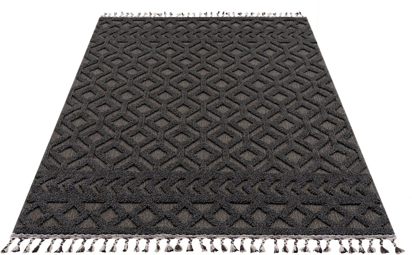 Teppich Mitch, Leonique, rechteckig, Höhe: 18 mm, Hoch-Tief-Effekt, im Boho-Stil, Woll-Look, mit Fransen von Leonique