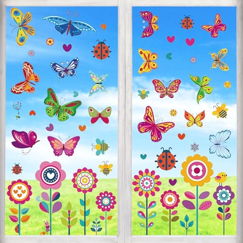 Leonshco 109 Blatt Fensterbilder Frühling Selbstklebend, Fensteraufkleber Kinder Wiederverwendbar, Bunte Schmetterlingsblumen-Fensterdeko für Frühlings und Sommerdekoration/Ostern/Partyzubehör usw von Leonshco