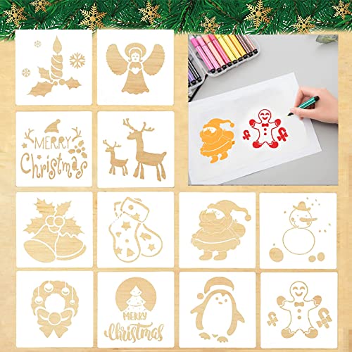 12 Stück Zeichenschablonen Weihnachten, Stencil Schablonen Wiederverwendbar, Weihnachten Schablonen für Scrapbooking Fotoalbum, Weihnachten Schablone Set, Geschenkkarten, Geschenke Weihnachten Kinder von Leonshco