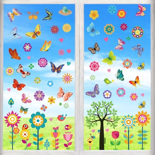 148 Blatt Fensterbilder Frühling Selbstklebend, Fensteraufkleber Kinder Wiederverwendbar, Bunte Schmetterlingsblumen-Fensterdeko für Frühlings und Sommerdekoration/Ostern/Partyzubehör usw von Leonshco