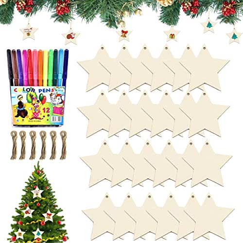 Basteln Weihnachten Kinder, 30 Stück Holzanhänger Weihnachten, Baumschmuck Weihnachtsbasteln Kinder, Weihnachtsanhänger Bastelset Weihnachten für Weihnachten mit 12 Aquarellstift, 30 Stück Seil von Leonshco