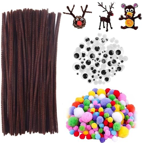 400 Stück Braunes Weihnachten Pfeifenreiniger Set, 100 Pfeifenputzer Chenilledraht mit 150 Bunten Pompons und 150 Wackelaugen Selbstklebend, Bastelzubehör Kinder für DIY Bastelzubehör Weihnachten von Leonshco