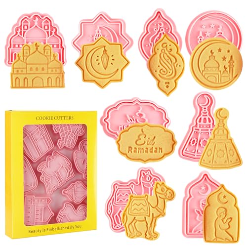 Leonshco 8 Stück Eid Mubarak Ausstechformen Kinder, Ramadan Islamische Muslimische 3D Silikon Keksausstecher, Pressbare Keksstempel für Kuchen Backen, Party Dekoration Fondant, Käse, Backformen (A) von Leonshco