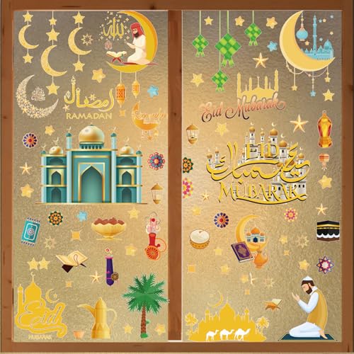 Leonshco 121 Blätter Ramadan Fensterbilder, Selbstklebende Ramadan Sticker PVC Stern Mond Fenster Deko, Eid Mubarak Dekoration Fenstersticker, Ramadan Dekoration für Kinderzimmer, Wohnzimmer, Etc von Leonshco