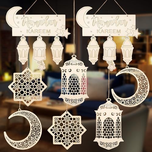 Leonshco 15 Stück Ramadan Dekoration Holzanhänger, Eid Mubarak Dekoration Anhänge, Mond Stern Lampe Form Hohlanhänger, Moschee-Fest-Holzdekoration, Geeignet für Indoor Outdoor/Party Dekoration von Leonshco