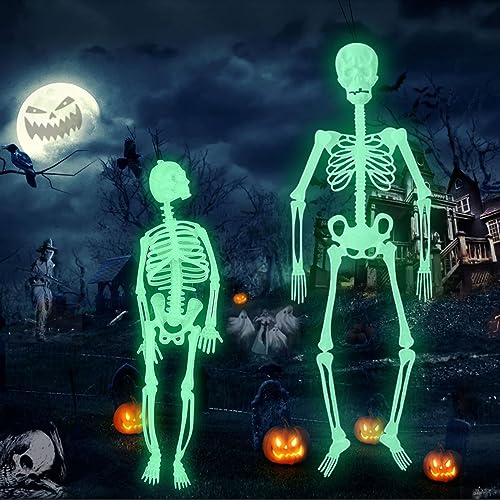 Leonshco 2 Stück Halloween Deko Horror Fluoreszierend Skelett Ornament, Party Skeleton Luminous Horror Deko, Halloween Skelett Lebensgross 360° Bewegliche Gelenke, Halloween Menschliches Skelette von Leonshco