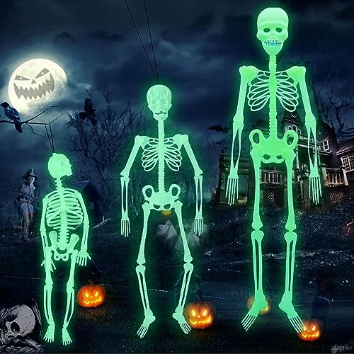 Leonshco 3 Stück Halloween Deko Horror Fluoreszierend Skelett Ornament, Party Skeleton Luminous Horror Deko, Halloween Skelett Lebensgross 360° Bewegliche Gelenke, Halloween Menschliches Skelette von Leonshco