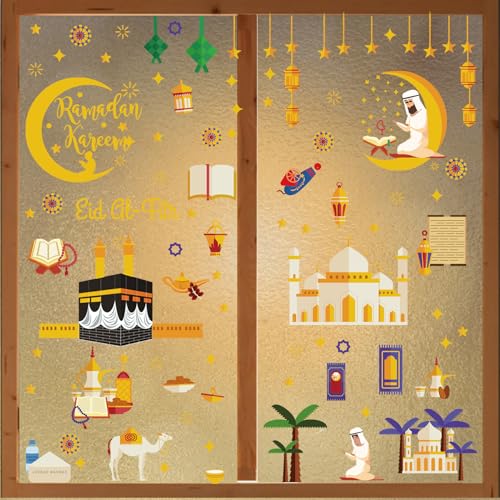 Leonshco 196 Blätter Ramadan Fensterbilder, Selbstklebende Ramadan Sticker PVC Stern Mond Fenster Deko, Eid Mubarak Dekoration Fenstersticker, Ramadan Dekoration für Kinderzimmer, Wohnzimmer, Etc von Leonshco