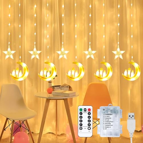 Leonshco Eid Dekoration Lichterkette Sterne und Mond, Muslimische Ramadan Lichterkette Fenster Innen Warm Weiße 3m LED Mubarak Lichter 8 Modi, Hängende Sternenlichterkette für Ramadan Party Dekoration von Leonshco