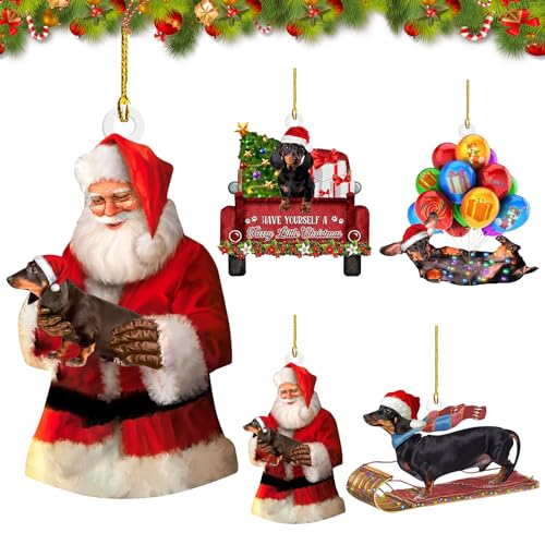 Weihnachtsbaumschmuck, 4 Stücke Dackel Christmas Decorations, Personalisierter Weihnachten Deko Acryl Dackel Deko, Weihnachtsdeko Lustig Hängende Dekoration, Rucksack Hängende Home Deko Weihnachtsbaum von Leonshco