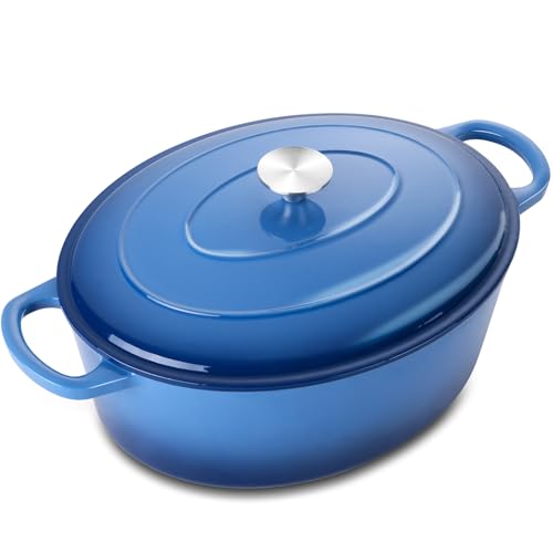 5QT Ovaler Dutch Oven Topf mit Deckel, Leonyo 5 Quart emaillierter ovaler Gusseisen-Dutch Oven zum Sauerteigbrot Brechen, robustes Kochgeschirr zum Schmoren, Eintöpfe, Braten, Blau von Leonyo