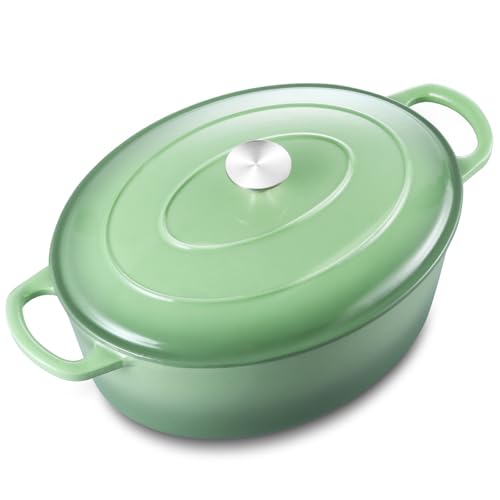 5QT Ovaler Dutch Oven Topf mit Deckel, Leonyo 5 Quart emaillierter ovaler Gusseisen-Dutch Oven zum Sauerteigbrot Brechen, robustes Kochgeschirr zum Schmoren, Eintöpfe, Braten, Pistaziengrün von Leonyo