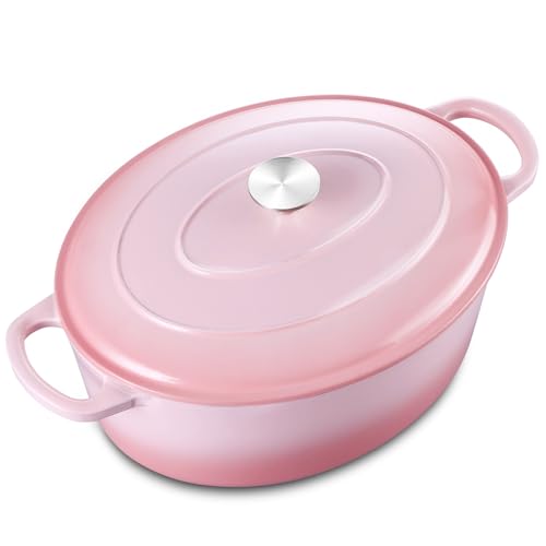 5QT Ovaler Dutch Oven Topf mit Deckel, Leonyo 5 Quart emaillierter ovaler Gusseisen-Dutch Oven zum Sauerteigbrot Brechen, robustes Kochgeschirr zum Schmoren, Eintöpfe, Braten, Rosa von Leonyo
