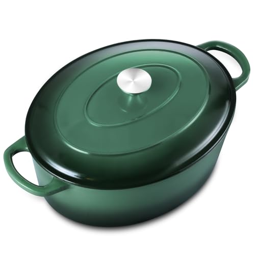 5QT Ovaler Dutch Oven Topf mit Deckel, Leonyo 5 Quart emaillierter ovaler Gusseisen-Dutch Oven zum Sauerteigbrot Brechen, robustes Kochgeschirr zum Schmoren, Eintöpfen, Braten, Smaragd von Leonyo