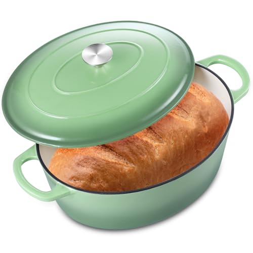 7 Quart Oval Dutch Oven mit Deckel, Leonyo 7QT emaillierter ovaler Gusseisen-Dutch Oven zum Sauerteigbrot, robustes Kochgeschirr zum Schmoren, Eintöpfen, Braten, Pistaziengrün von Leonyo