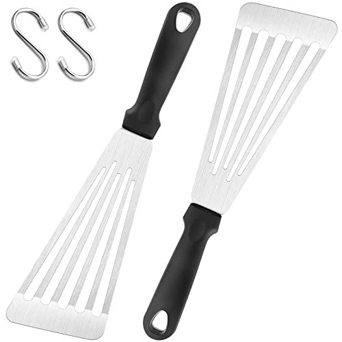 Edelstahl Fisch Spatel 2er Set, Leonyo Flexible Fisch Pfannenwender für Antihaft-Kochgeschirr, Schlitz Metall Fisch Flipper Spatel für Gusseisen Pfanne Kochen, BBQ Metallspatel zum Grillen Braten von Leonyo