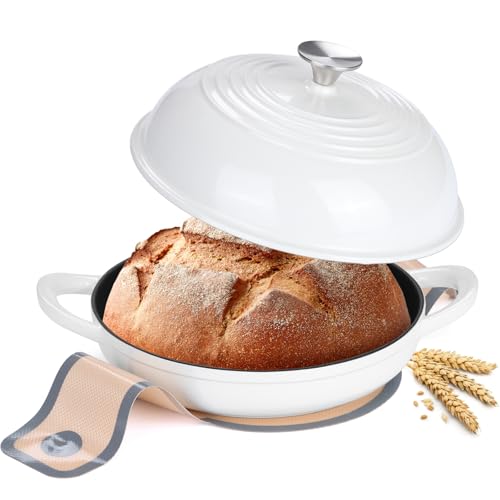 Emaillierter Gusseisen-Brotbackofen, Leonyo Dutch Oven zum Sauerteig-Brotbacken, Gusseisen-Dutch Ovens Topf mit Deckel & Antihaft-Silikon-Backmatte zum Kochen, 6 Quart, Weiß von Leonyo
