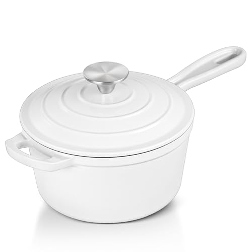 Leonyo Stielkasserolle aus emailliertem Gusseisen mit Deckel, 1 Quart Stielkasserolle mit Deckel, robuster Gusseisentopf, Küchenkochgeschirr für alle Herdarten zum Kochen von Nudelsoße, Suppe, Milch von Leonyo