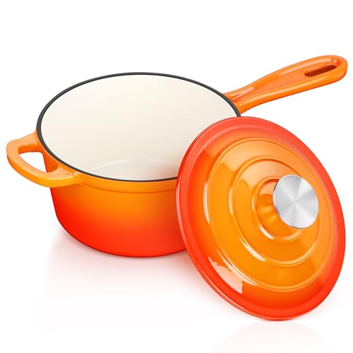 Leonyo Stielkasserolle aus emailliertem Gusseisen mit Deckel, 2 Quart Stielkasserolle mit Deckel, kleiner Emaille-Gusseisen-Dutch Oven Küchen-Kochgeschirr für alle Herdarten zur Herstellung von von Leonyo