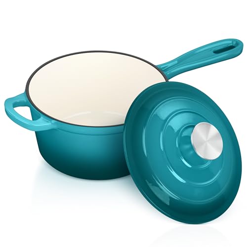 Leonyo Stielkasserolle aus emailliertem Gusseisen mit Deckel, 2 Quart Stielkasserolle mit Deckel, emaillierter Gusseisentopf, Dutch Oven Küche, Kochgeschirr für alle Herdarten zum Kochen von Suppe von Leonyo
