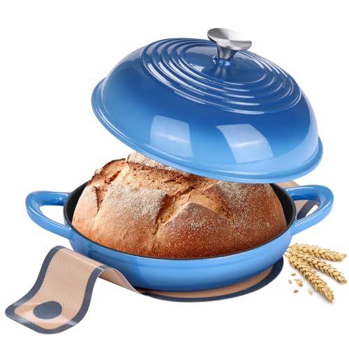 Runder Brotofen zum Backen von hausgemachtem Sauerteigbrot, Leonyo Emaillierter Gusseisen-Dutch Oven Topf mit Kuppeldeckel, Antihaft-Silikon-Backmatte zum Kochen, 6 Quart, Blau von Leonyo