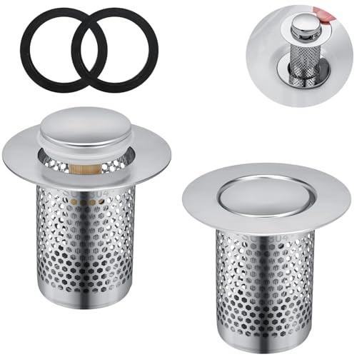 2 Stück Spülbeckenfilter,Abflusssieb Waschbecken Edelstahl,Haarsieb Dusche,Waschbecken Sieb mit Push-Typ-Rückprallkern aus Messing,Einsetzbar,für Küche, Bad, Balkonbodenablauf von Lepidi
