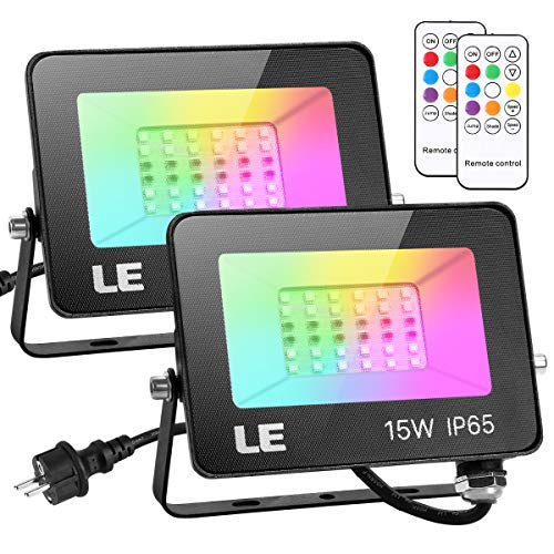 LE 15W LED Strahler RGB mit RF-Fernbedienung, 2er Wasserdicht LED Fluter mit Memory-Funktion, Dimmbar Farbwechsel Außenstrahler, IP65 Farbig Außenlampe, Bunt Flutlicht für Garten, Party Deko, Hotel von Lepro