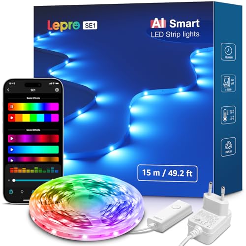 Lepro AI LED Strip SE1, 15M Smart LED Streifen RGB mit App-Sprachbefehle, Musik Sync, KI-Lichtdesign-Assistent, kompatibel mit Alexa&Google Assistant, für Party/Zuhause, Keine Fernbedienung von Lepro