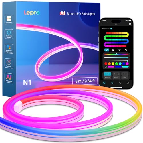 Lepro AI Neon LED Strip N1, 3m Neon LED Streifen mit App-Steuerung,DIY Shape,Musik Sync,funktioniert mit Alexa&Google Assistant, Lichtband für Wohnzimmer,Wand Deko,Party,KI-Lichtdesign-Assistent von Lepro