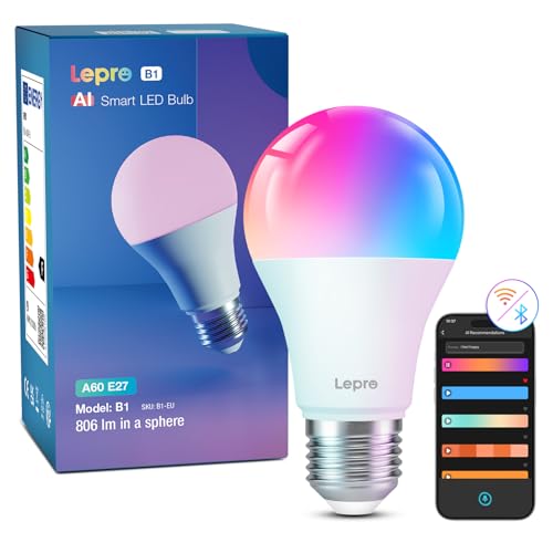 Lepro AI Smart Glühbirne B1, E27 Glühbirne 8.5W 806lm Dimmbar, KI-Lichtdesign-Assistent, Sprachsteuerung/Musik Sync, WiFi & Bluetooth Smart Bulb, Kompatibel mit Alexa/Google Assistant von Lepro