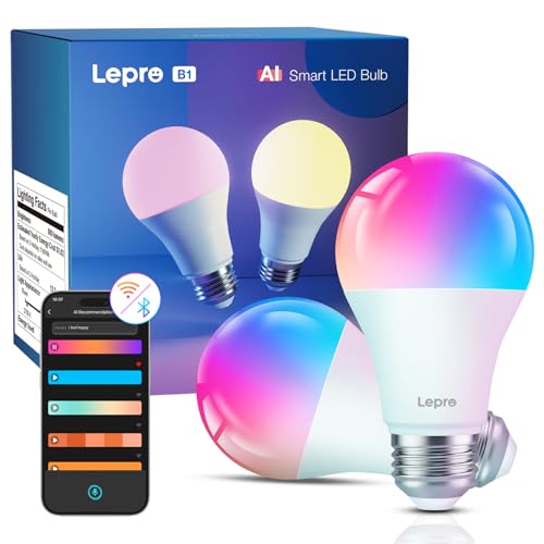 Lepro AI Smart Glühbirne B1, E27 Glühbirne 8.5W 806lm Dimmbar, KI-Lichtdesign-Assistent, Sprachsteuerung/Musik Sync, WiFi & Bluetooth Smart Bulb, Kompatibel mit Alexa/Google Assistant, 2 Stück von Lepro