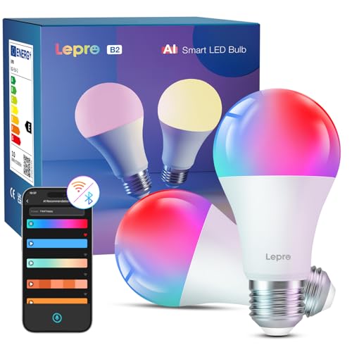 Lepro AI Smart Glühbirne B2, E27 Glühbirne 10W 1100lm Dimmbar, KI-Lichtdesign-Assistent, Sprachsteuerung/Musik Sync, WiFi & Bluetooth Smart Bulb, Kompatibel mit Alexa/Google Assistant, 2 Stück von Lepro