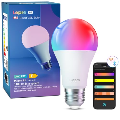 Lepro AI Smart Glühbirne B2, E27 Glühbirne 10W 1100lm Dimmbar, KI-Lichtdesign-Assistent, Sprachsteuerung/Musik Sync, WiFi & Bluetooth Smart Bulb, Kompatibel mit Alexa/Google Assistant von Lepro