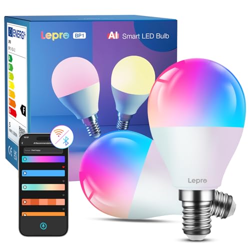 Lepro AI Smart Glühbirne BP1, G45 E14 LED Lampe Dimmbar 4.9W 470LM RGB+CCT, KI-Lichtdesign-Assistent mit Sprachsteuerung/Musik Sync, Kompatibel mit Alexa/Google, WiFi & Bluetooth, 2 Stück von Lepro