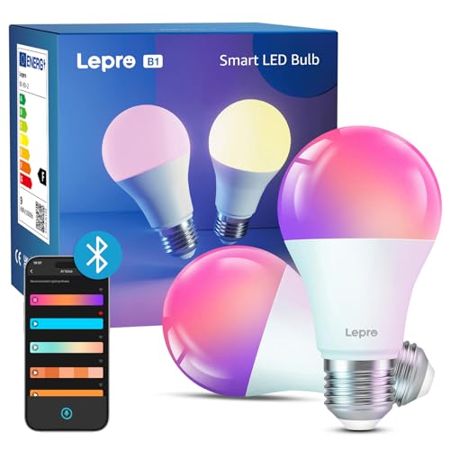 Lepro AI Smart Glühbirne E27, LED Bluetooth-Lampe B1,AI-Generierte Beleuchtung, Musik Sync, AI Mimik-Erkennung RGB Smart Bulb, 806lm Mehrfarbige Birne, entspricht 60W, Kein Hub erforderlich, 2 Stück von Lepro