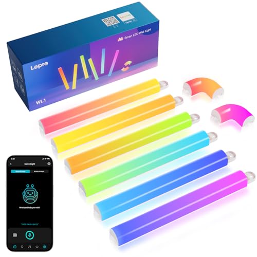 Lepro AI Glide Wall Light WL1, Wandleuchte mit Eingebautes Spracherkennung, Musik Sync, unterstützt Alexa & Google Assistant, KI-Lichtdesign-Assistent für Gaming Party Wand Deko, 6 Stück und 2 Ecke von Lepro