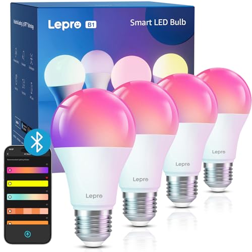 Lepro LED AI-Lampe E27, Smart Bluetooth-Glühbirne B1, AI-Generierte Beleuchtung, Musik Sync&Sprachsteuerung, 806lm Smart Bulb, Bluetooth-Birne, 3500+ RGB-Lichteffekte, kein Hub erforderlich, 4 Stück von Lepro