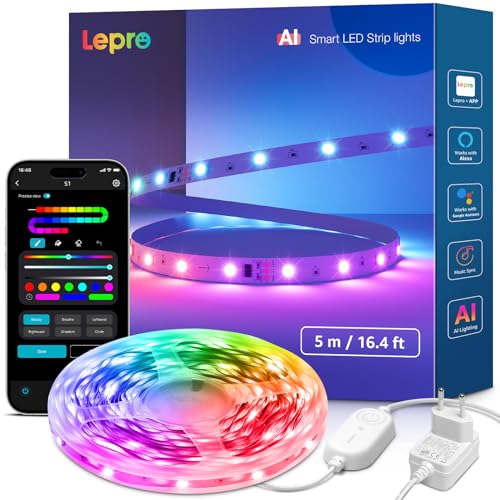 Lepro AI LED Strip S1, RGBIC 5M Smart LED Streifen mit KI-Lichtdesign-Assistent, Musik-Sync, App-Steuerung kompatibel mit Alexa & Google Assistant, LED Lichterkette für TV, Party & Gaming von Lepro