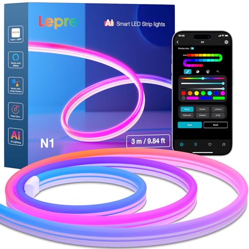 Lepro AI Neon LED Strip N1, 3m Neon LED Streifen mit App-Steuerung,DIY Shape,Musik Sync,funktioniert mit Alexa&Google Assistant, Lichtband für Wohnzimmer,Wand Deko,Party,KI-Lichtdesign-Assistent von Lepro