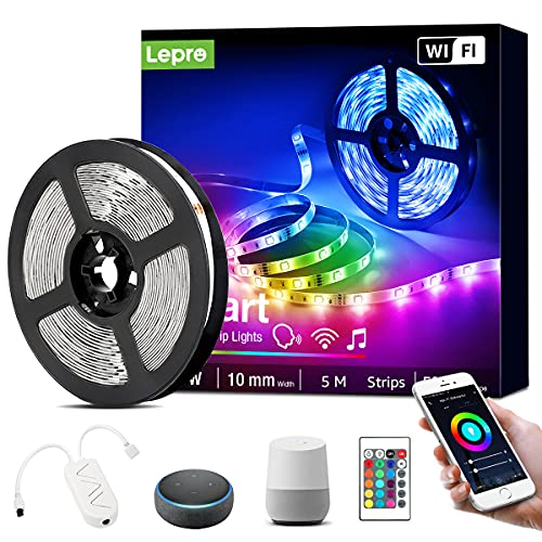 Lepro Smart LED Strip 5M Musiksteuerung,Wifi LED Streifen RGB Dimmbar, Wlan LED Band,Superhell Lichtband Selbstklebend,Farbwechsel Lichterkette mit Fernbedienung,Kompatibel mit Alexa,App,Google Home von Lepro