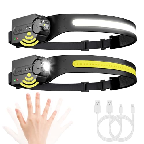 Lepro Stirnlampe Led Wiederaufladbar, Superhell 350 Lumen mit 5 Modi, 230°Weitwinkel Scheinwerfer mit Bewegungsmelder, 1200mAh Kopflampe, IP44 für Wandern Camping Joggen, 2 Stück [inkl. USB-C Kabel] von Lepro