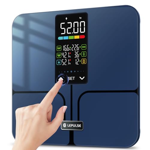 Körperfettwaage ohne App, 5.44'' Großes Display, Lepulse Waage mit Körperfett und Muskelmasse, Körperanalysewaage bis 227kg, Körperwaage mit 10 Benutzer-IDs, SET-Taste Einstellung, 8 Körpermaße von Lepulse