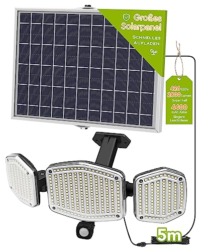 Lepwings Solarlampen für Außen, 426 LED Solarleuchte mit Bewegungsmelder, 4400mAh 3 Modi Solarlichter, IP65 Wasserdichte, 270° Beleuchtungswinkel, 6500K Kaltweiß 2800 Lumens LED Strahler mit 5m Kabel von Lepwings