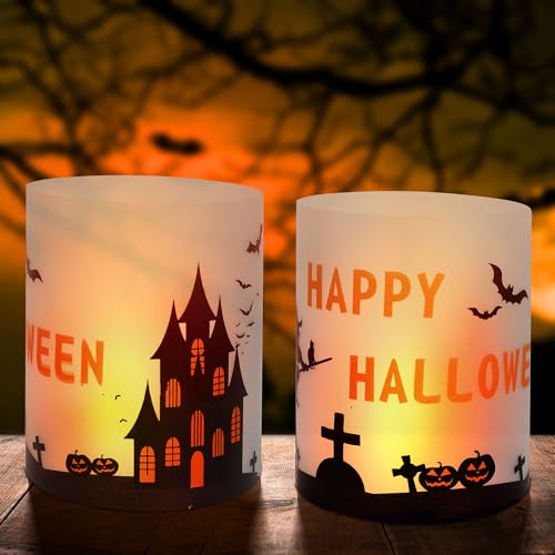 Halloween Deko Halloween Windlicht 12 Pcs Halloween Tischdeko Kürbis Deko Ledermaus Hexe Spinnennetz Grabstein Halloween Deko Innen Halloween Deko Set Kürbis Windlicht Deko Teelichter Kerzen Verzieren von Lerdrtuin