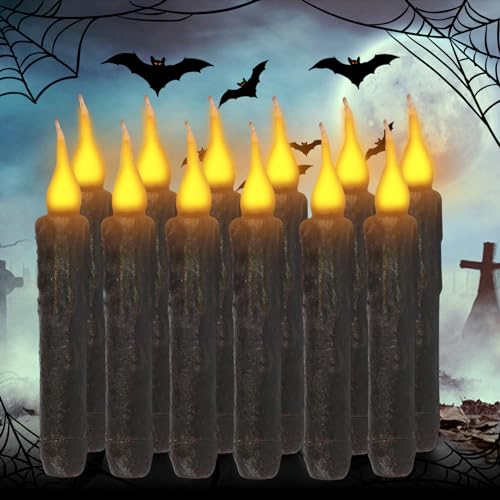 12 Stück Halloween LED Kerzen, Halloween Deko Flammenlose Kerzen LED Batteriebetrieben, Stabkerzen LED mit Flackernde Flamme für Halloween Dekoration, Weihnachtsdeko, Hochzeit Tischdeko (Schwarz*12) von Lergas